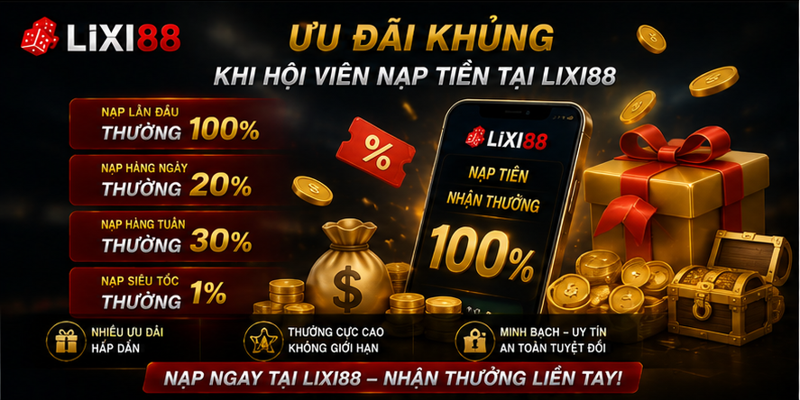 Ưu đãi khủng khi hội viên nạp tiền tại Lixi88
